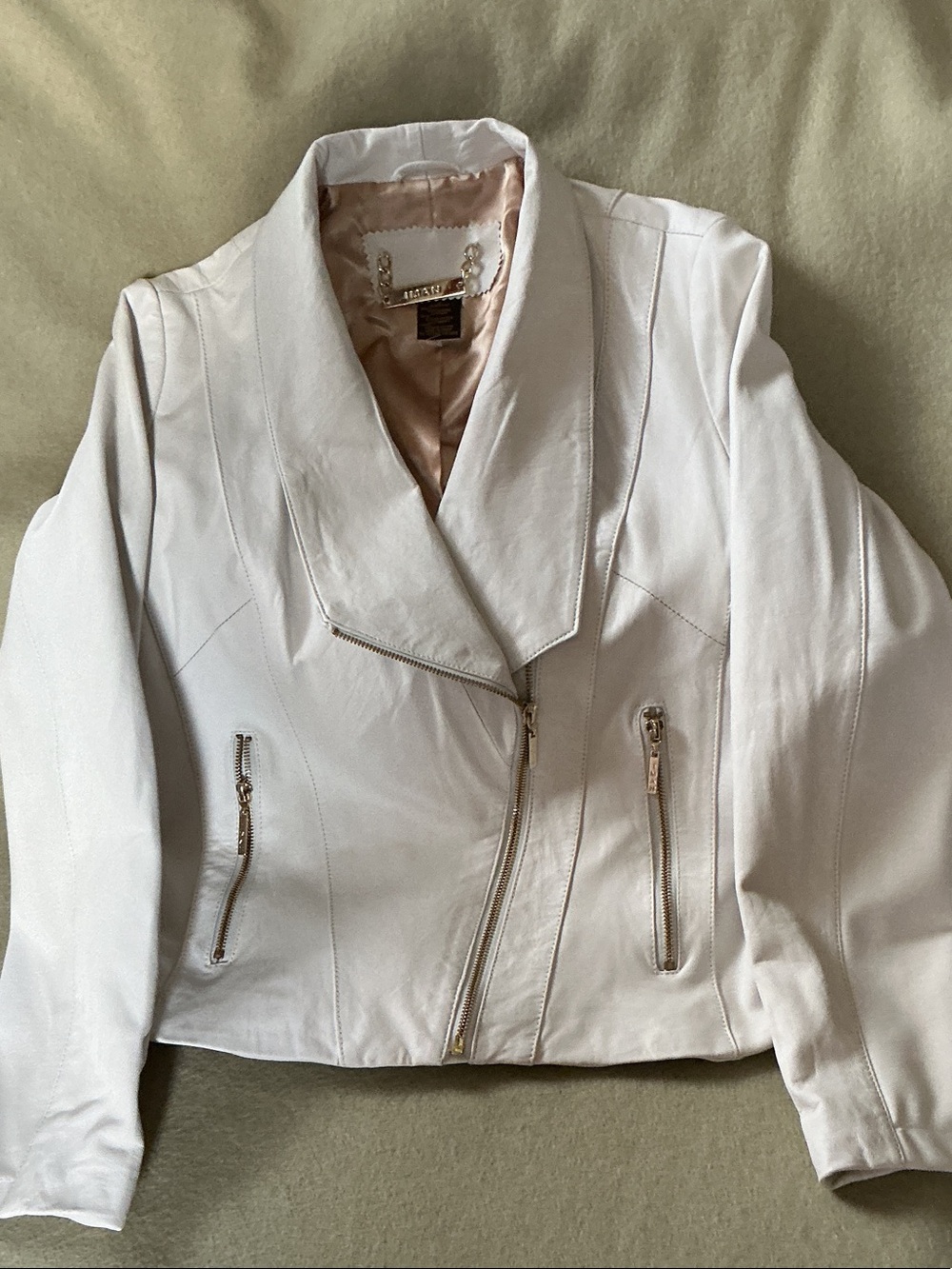 IMAN Soft Cream Asymmetrical Zip Leather Jacket